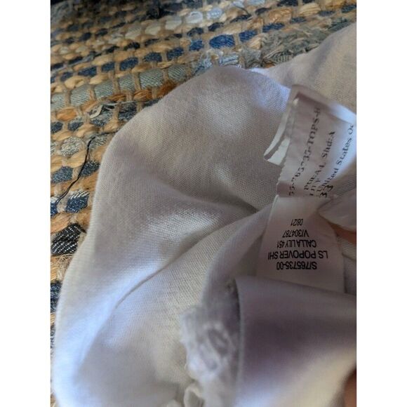 White Swiss Dot Henley 100% Cotton Long Puff Sleeve S Crop Curved Hem Cottagecor - Picture 8 of 9